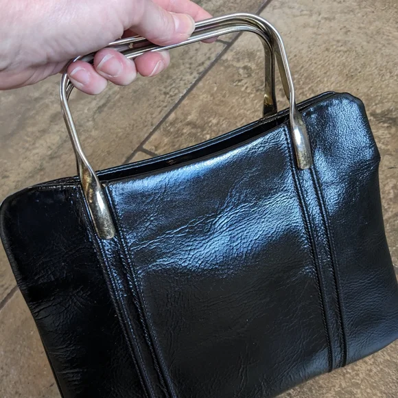 Jane Shilton Vintage Patent Leather Metal Top Handle Luxurious Evening Bag Black - Picture 9 of 14